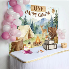 Lofaris One Happy Camper Camping Birthday Backdrop with Forest Animals Tent and Campfire Woodland Party Decor for Celebration.