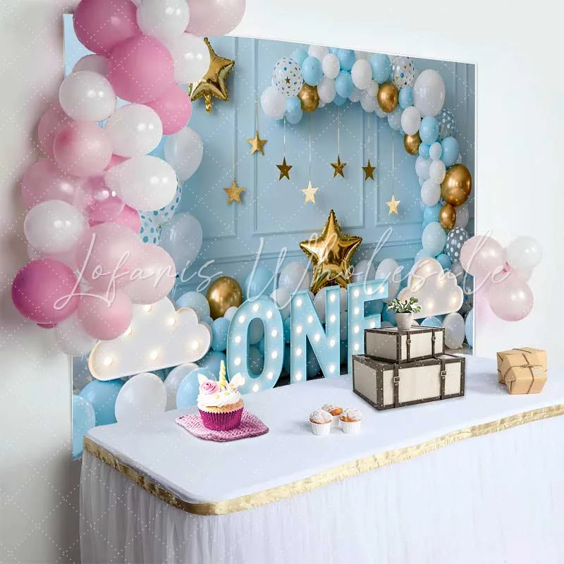Lofaris One Year Old Birthday Backdrop Blue Balloon Arch with Marquee ONE and Gold Stars for Baby Boy
