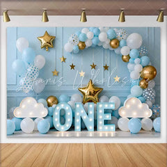 Lofaris One Year Old Birthday Backdrop Blue Balloon Arch with Marquee ONE and Gold Stars for Baby Boy