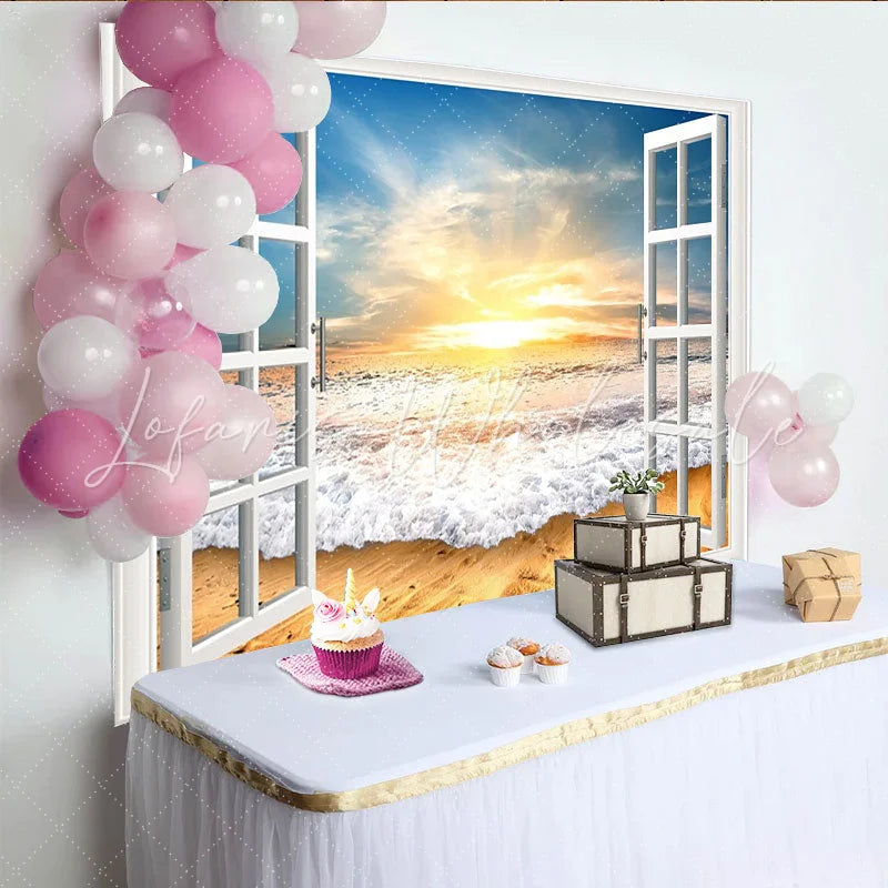 Lofaris Open White Window Beach Photography Backdrop with Golden Sunset Ocean Waves Scenic Studio Background for Photoshoot