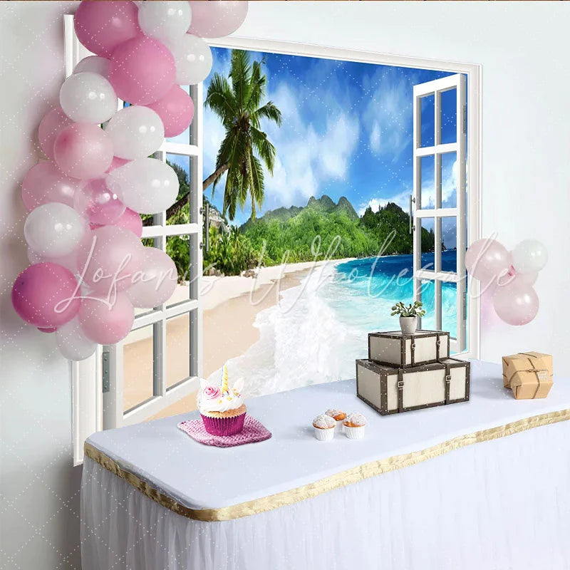 Lofaris Open Window Tropical Beach Photography Backdrop Blue Ocean and Palm Trees for Scenic Studio Background