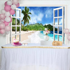 Lofaris Open Window Tropical Beach Photography Backdrop Blue Ocean and Palm Trees for Scenic Studio Background