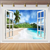 Lofaris Open Window Tropical Beach Photography Backdrop Blue Ocean and Palm Trees for Scenic Studio Background