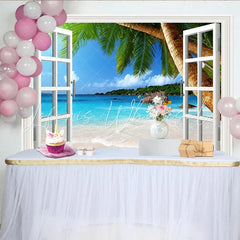 Lofaris Open Window Tropical Beach Photography Backdrop Blue Ocean and Palm Trees Summer Vacation Background for Studio Photoshoot
