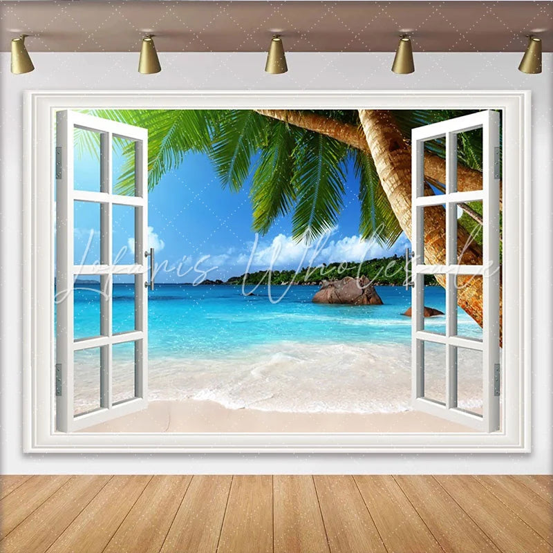 Lofaris Open Window Tropical Beach Photography Backdrop Blue Ocean and Palm Trees Summer Vacation Background for Studio Photoshoot