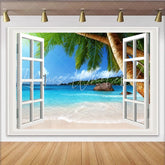 Lofaris Open Window Tropical Beach Photography Backdrop Blue Ocean and Palm Trees Summer Vacation Background for Studio Photoshoot