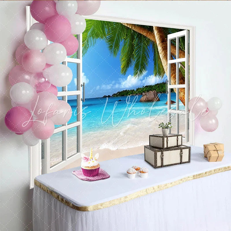 Lofaris Open Window Tropical Beach Photography Backdrop Blue Ocean and Palm Trees Summer Vacation Background for Studio Photoshoot
