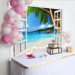 Lofaris Open Window Tropical Beach Photography Backdrop Blue Ocean and Palm Trees Summer Vacation Background for Studio Photoshoot