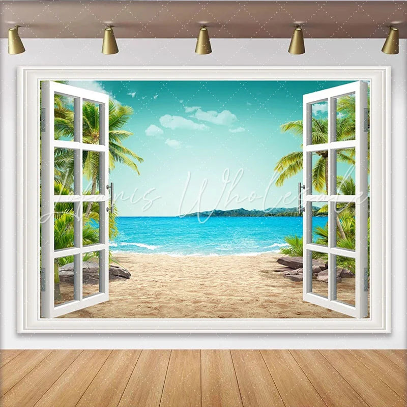 Lofaris Open Window Tropical Beach Photography Backdrop with Palm Trees and Blue Ocean Scenic Summer Background for Studio Photo