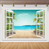 Lofaris Open Window Tropical Beach Photography Backdrop with Palm Trees and Blue Ocean Scenic Summer Background for Studio Photo
