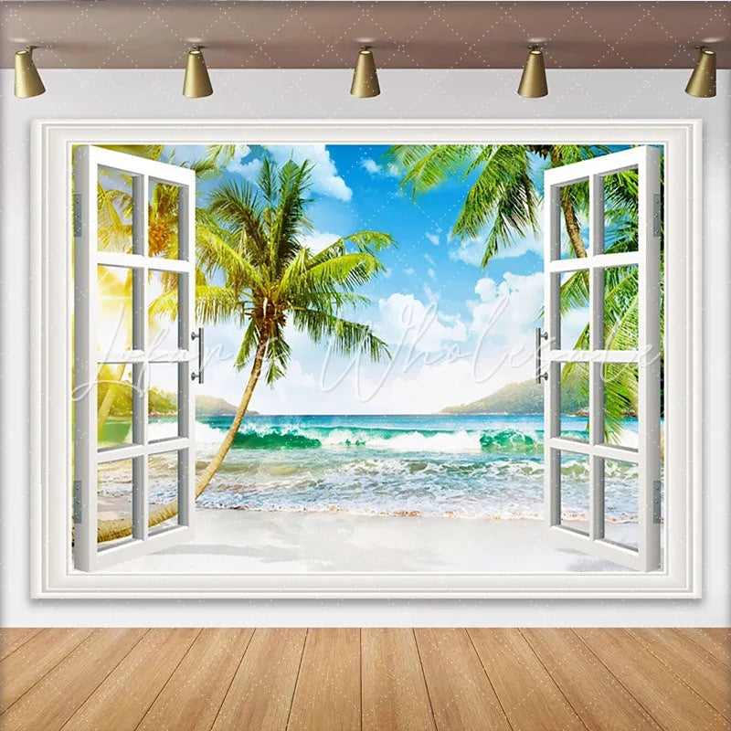 Lofaris Open Window Tropical Beach Photography Backdrop with Palm Trees Sunny Ocean View Background for Studio Photoshoot and Home Decor