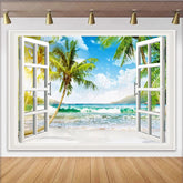 Lofaris Open Window Tropical Beach Photography Backdrop with Palm Trees Sunny Ocean View Background for Studio Photoshoot and Home Decor