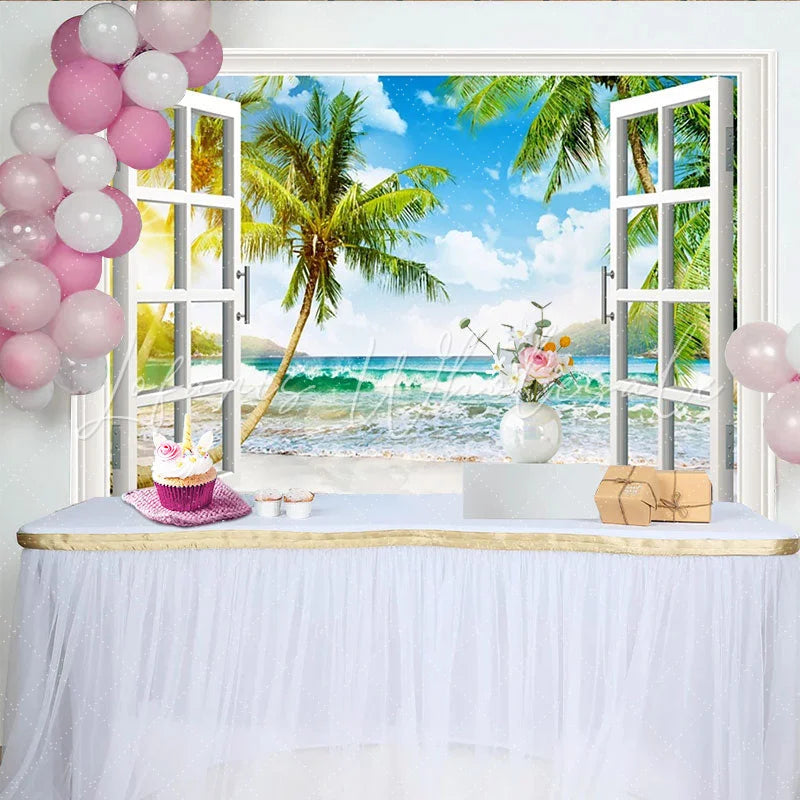 Lofaris Open Window Tropical Beach Photography Backdrop with Palm Trees Sunny Ocean View Background for Studio Photoshoot and Home Decor