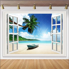 Lofaris Open Window Tropical Beach Photography Backdrop with Palm Trees Sunny Seascape Background for Studio Photoshoot and Decor