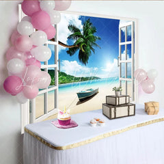 Lofaris Open Window Tropical Beach Photography Backdrop with Palm Trees Sunny Seascape Background for Studio Photoshoot and Decor
