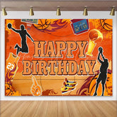 Lofaris Orange Basketball Happy Birthday Backdrop with Players and Hoop Sports Themed Party Background for Boys and Girls Photoshoot