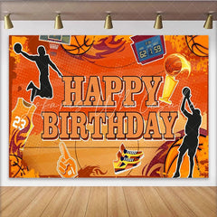 Lofaris Orange Basketball Happy Birthday Backdrop with Players and Hoop Sports Themed Party Background for Boys and Girls Photoshoot