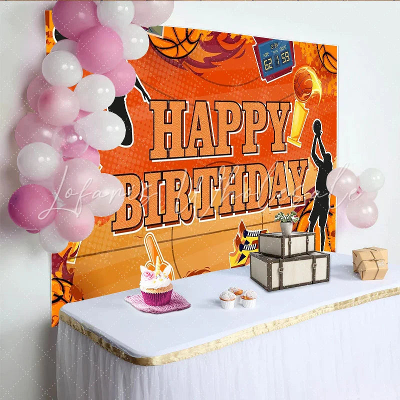 Lofaris Orange Basketball Happy Birthday Backdrop with Players and Hoop Sports Themed Party Background for Boys and Girls Photoshoot