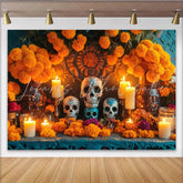 Lofaris Ornate Dia de los Muertos Backdrop with Sugar Skulls Marigold Flowers and Candles Festive Mexican Holiday Party Decor