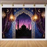 Lofaris Ornate Golden Arch Ramadan Holiday Backdrop with Purple Velvet Curtains and Lanterns Starry Night Mosque Background for Eid Party