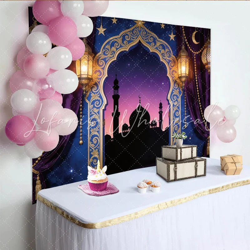 Lofaris Ornate Golden Arch Ramadan Holiday Backdrop with Purple Velvet Curtains and Lanterns Starry Night Mosque Background for Eid Party