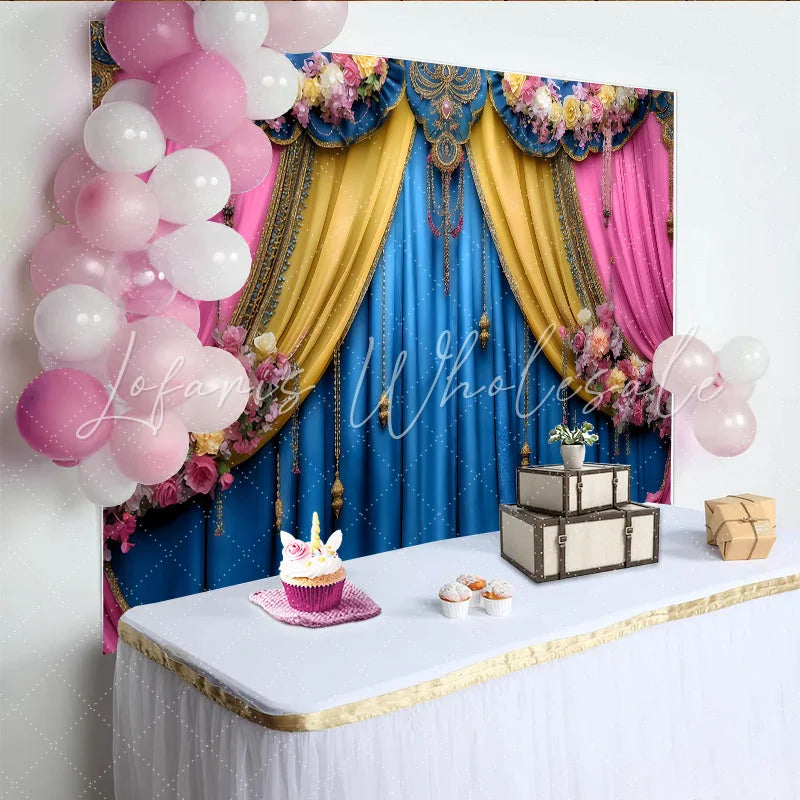 Lofaris Ornate Jewelry Stage Backdrop Blue and Pink Theater Curtains Luxury Gala Party Banner