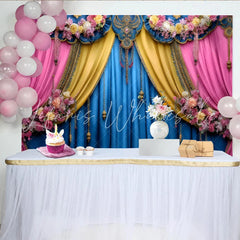 Lofaris Ornate Jewelry Stage Backdrop Blue and Pink Theater Curtains Luxury Gala Party Banner