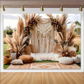 Lofaris Outdoor Boho Wedding Backdrop Dreamcatcher and Pampa Grass Arch with Cushions