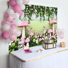 Lofaris Painted Meadow Fairy and Pink Mushroom Spring Backdrop Enchanted Forest Girls Birthday Background