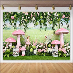 Lofaris Painted Meadow Fairy and Pink Mushroom Spring Backdrop Enchanted Forest Girls Birthday Background