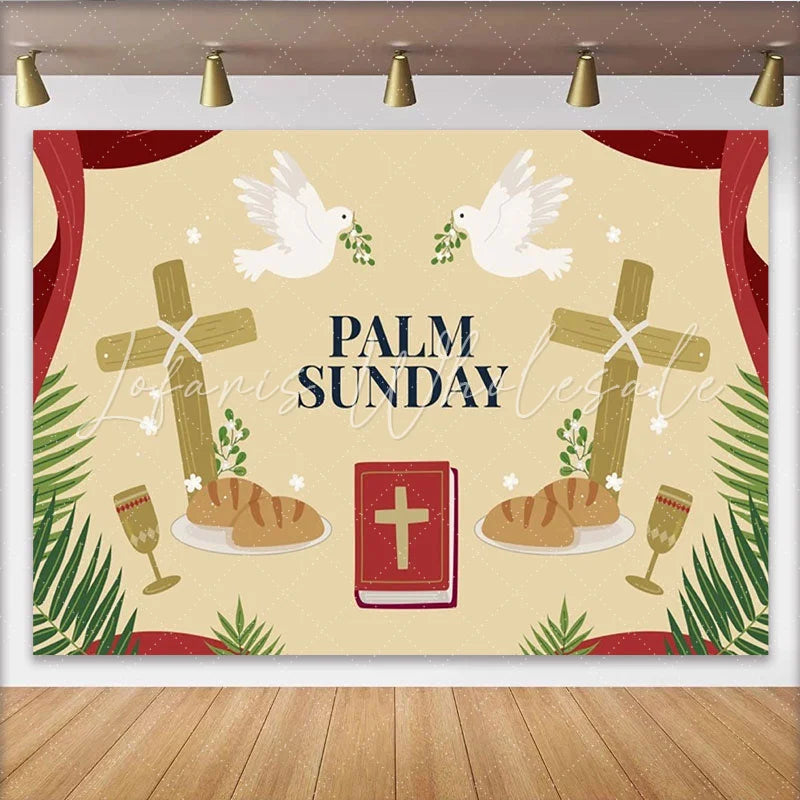 Lofaris Palm Sunday Celebration Party Backdrop with Doves Crosses Bread and Chalice for Religious Events