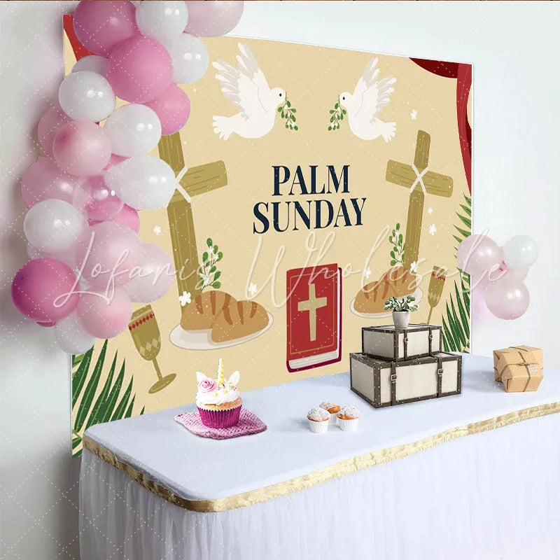 Lofaris Palm Sunday Celebration Party Backdrop with Doves Crosses Bread and Chalice for Religious Events