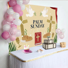 Lofaris Palm Sunday Celebration Party Backdrop with Doves Crosses Bread and Chalice for Religious Events