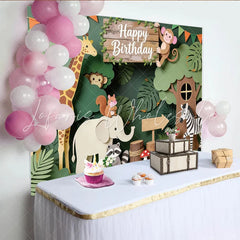 Lofaris Paper Cut Jungle Animal Happy Birthday Backdrop with Giraffe and Monkey Safari Theme Background for Kids Party Decor