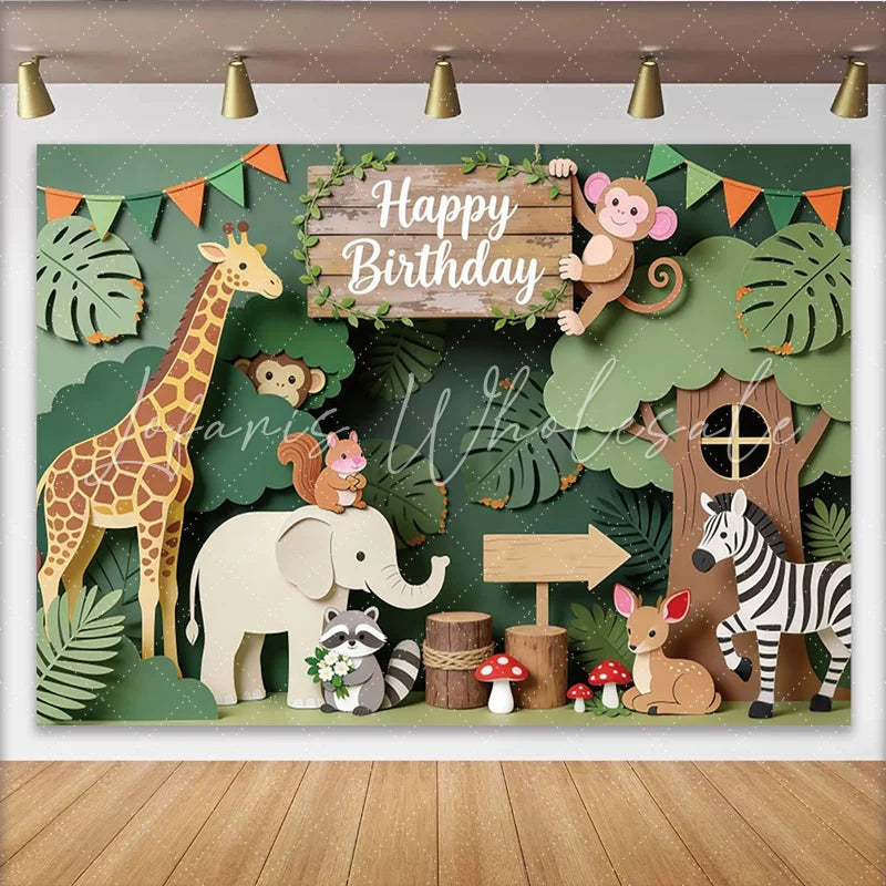 Lofaris Paper Cut Jungle Animal Happy Birthday Backdrop with Giraffe and Monkey Safari Theme Background for Kids Party Decor