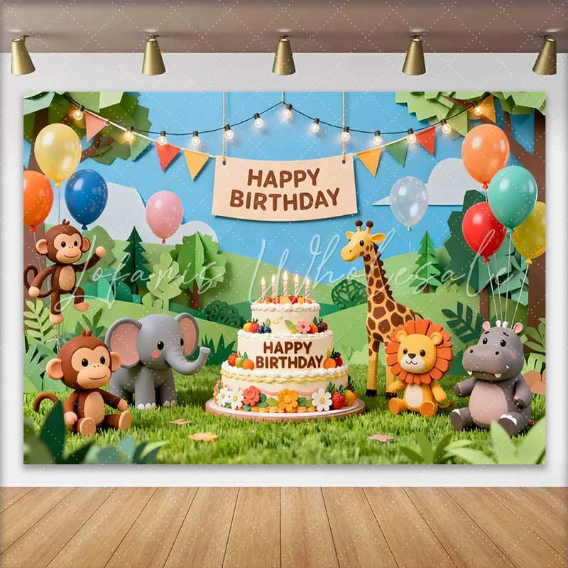 Lofaris Paper Cut Jungle Safari Animals Birthday Backdrop with Happy Birthday Cake Wild One Theme Party Decor
