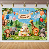 Lofaris Paper Cut Jungle Safari Animals Birthday Backdrop with Happy Birthday Cake Wild One Theme Party Decor