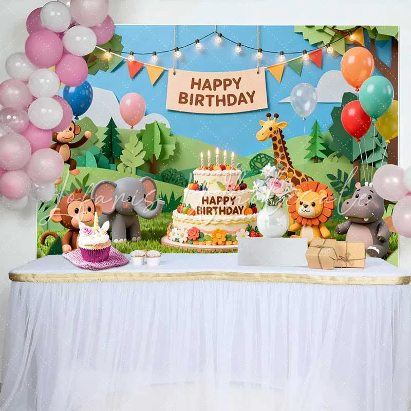 Lofaris Paper Cut Jungle Safari Animals Birthday Backdrop with Happy Birthday Cake Wild One Theme Party Decor