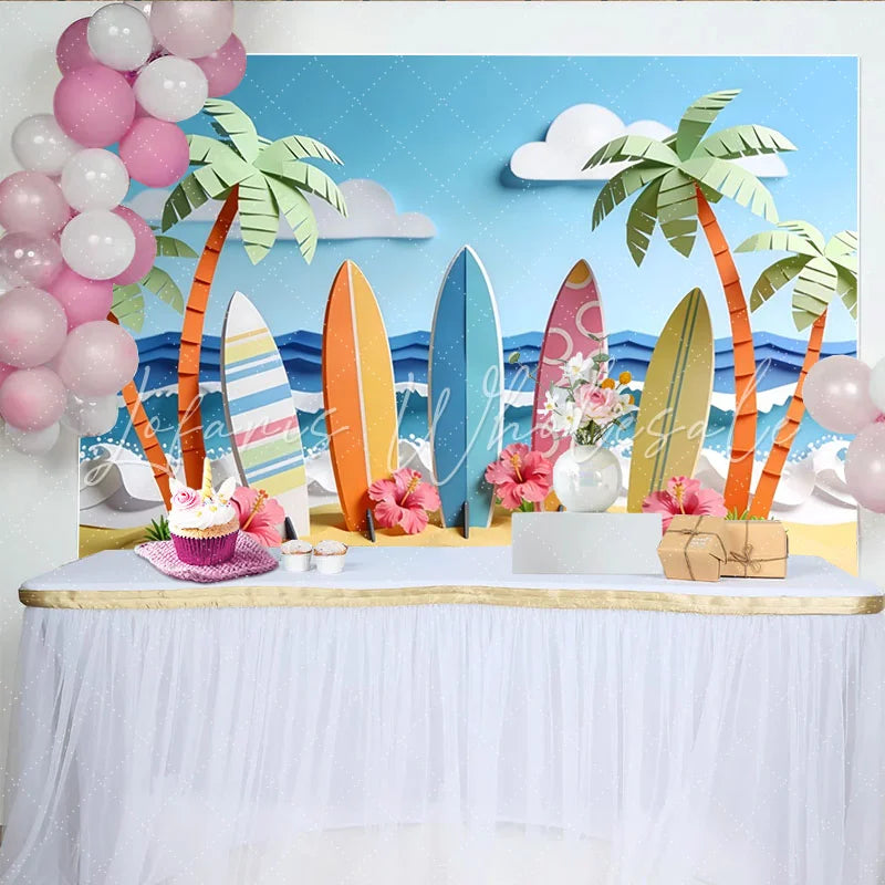 Lofaris Paper Cut Surf Beach Photography Backdrop with Palm Trees and Ocean Waves Summer Tropical Photo Background for Party Decor