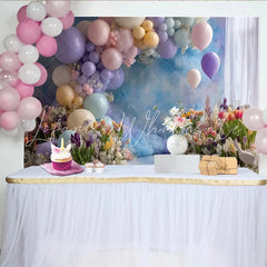 Lofaris Pastel Balloon and Tulip Photography Backdrop with Clouds Dreamy Floral Background for Studio Portrait