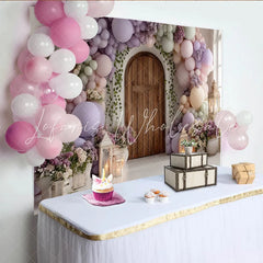 Lofaris Pastel Balloon Arch Photography Backdrop with Wooden Door and Floral Decor Elegant Studio Background for Party Photoshoot