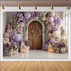 Lofaris Pastel Balloon Arch Photography Backdrop with Wooden Door and Floral Decor Elegant Studio Background for Party Photoshoot