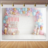Lofaris Pastel Balloon Candy Cart Birthday Backdrop with Sweet Shop Theme and Bunting Photography Background for Kids Party Decor
