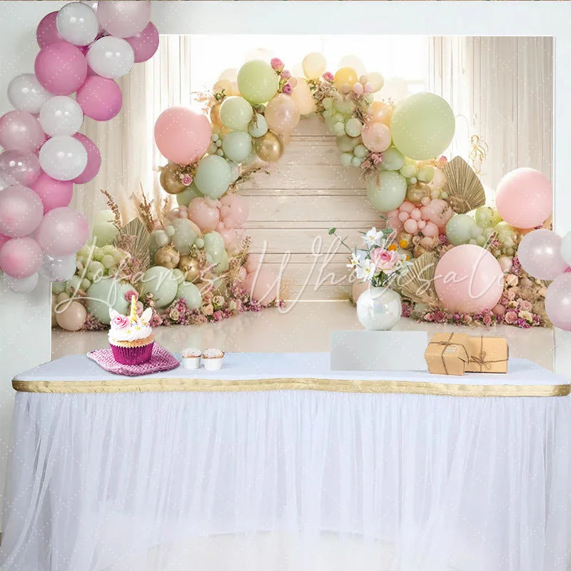 Lofaris Pastel Balloon Floral Arch Birthday Backdrop Wooden Wall Photography Background for Baby Shower Party Decor