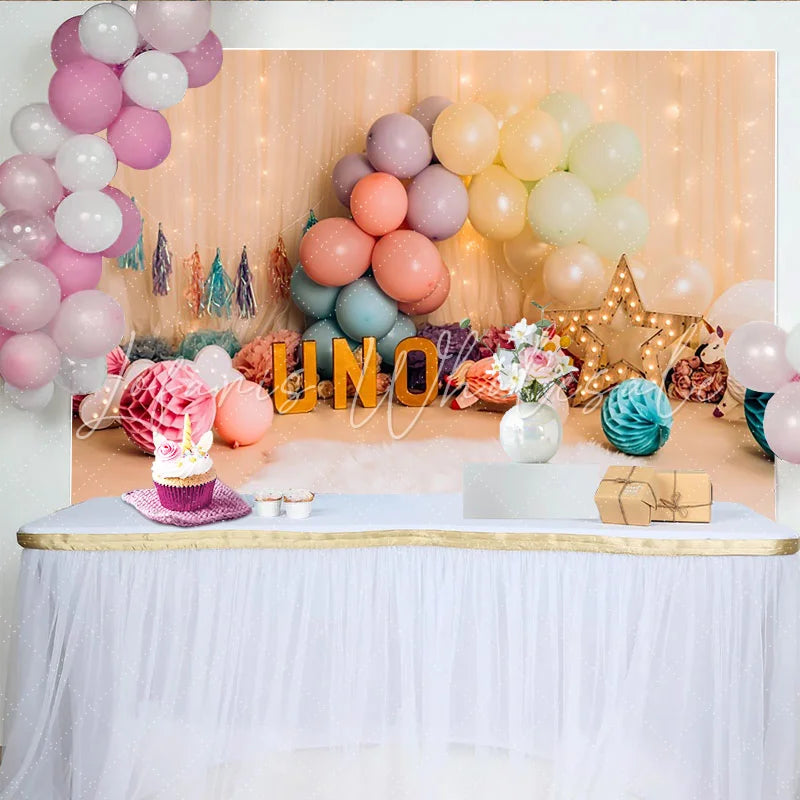 Lofaris Pastel Balloon Unicorn First Birthday Cake Smash Backdrop UNO Sign Sheer Curtain Girl Party Background