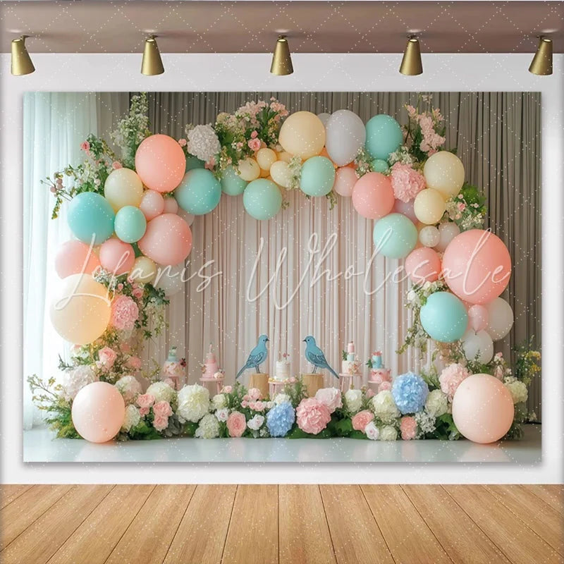 Lofaris Pastel Bird Baby Shower Backdrop with Soft Balloons and Floral Arch Elegant Party Background for Photoshoot Decoration