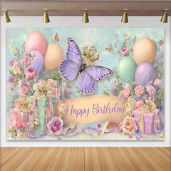 Lofaris Pastel Butterfly Crown Birthday Backdrop Balloon Gift Box Party Background Girl Princess Cake Smash Prop