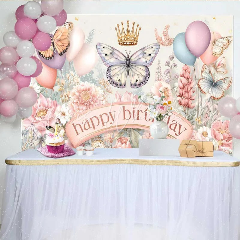 Lofaris Pastel Butterfly Floral Birthday Backdrop Gold Crown Spring Garden Background Girl Party Photography Prop