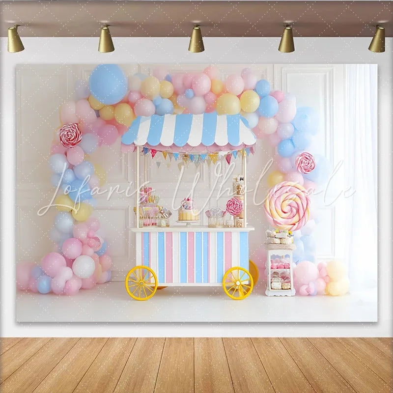 Lofaris Pastel Candy Cart Birthday Backdrop with Balloons and Lollipops Sweet Shop Photography Background for Kids Party Decor
