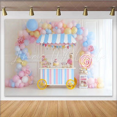 Lofaris Pastel Candy Cart Birthday Backdrop with Balloons and Lollipops Sweet Shop Photography Background for Kids Party Decor